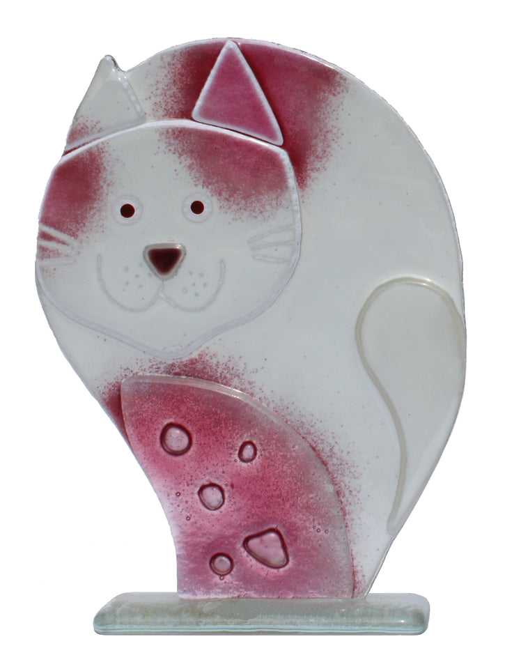 D & J Glassware handmae fused glass cat figure in pink and white